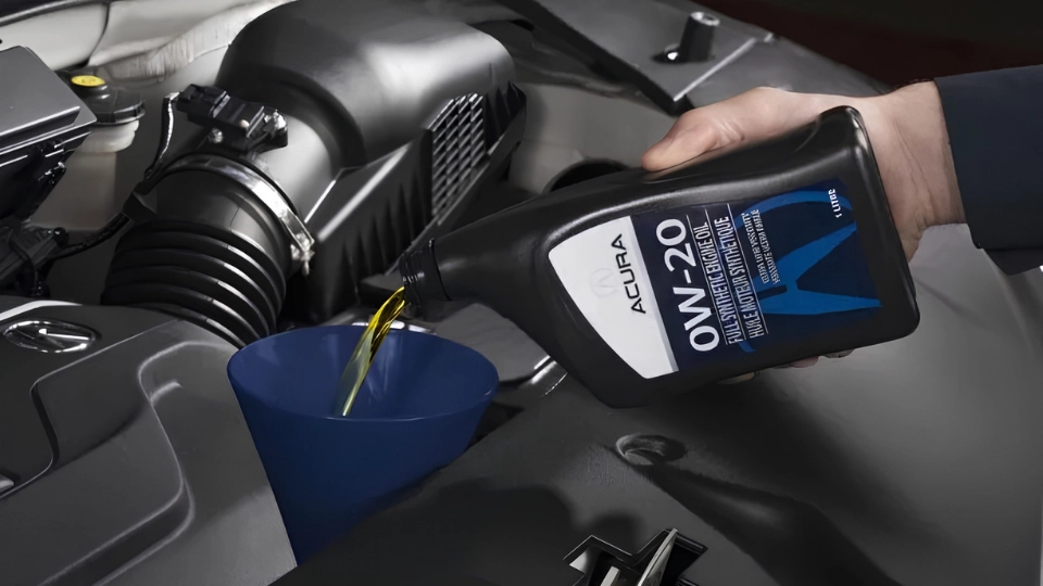 Ajout d’huile moteur Acura 0W-20 dans le moteur à l’aide d’un entonnoir lors d’un entretien.
